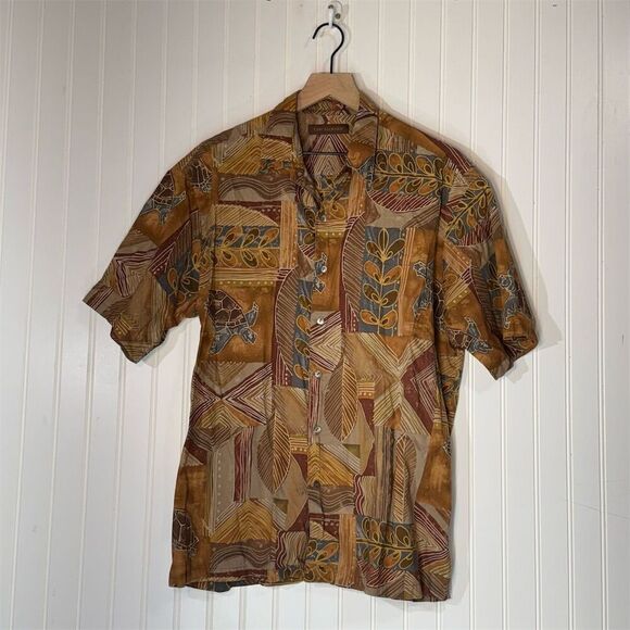 Tori Richard Hawaiian Shirt L Brown Turtle Tribal Print Aloha Button Up Cotton - Picture 1 of 8
